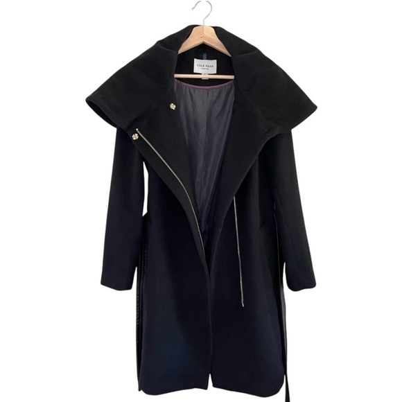 Cole Haan Wool Blend Hooded Coat Oversized Collar Removable Belt Black 6 - Picture 7 of 15